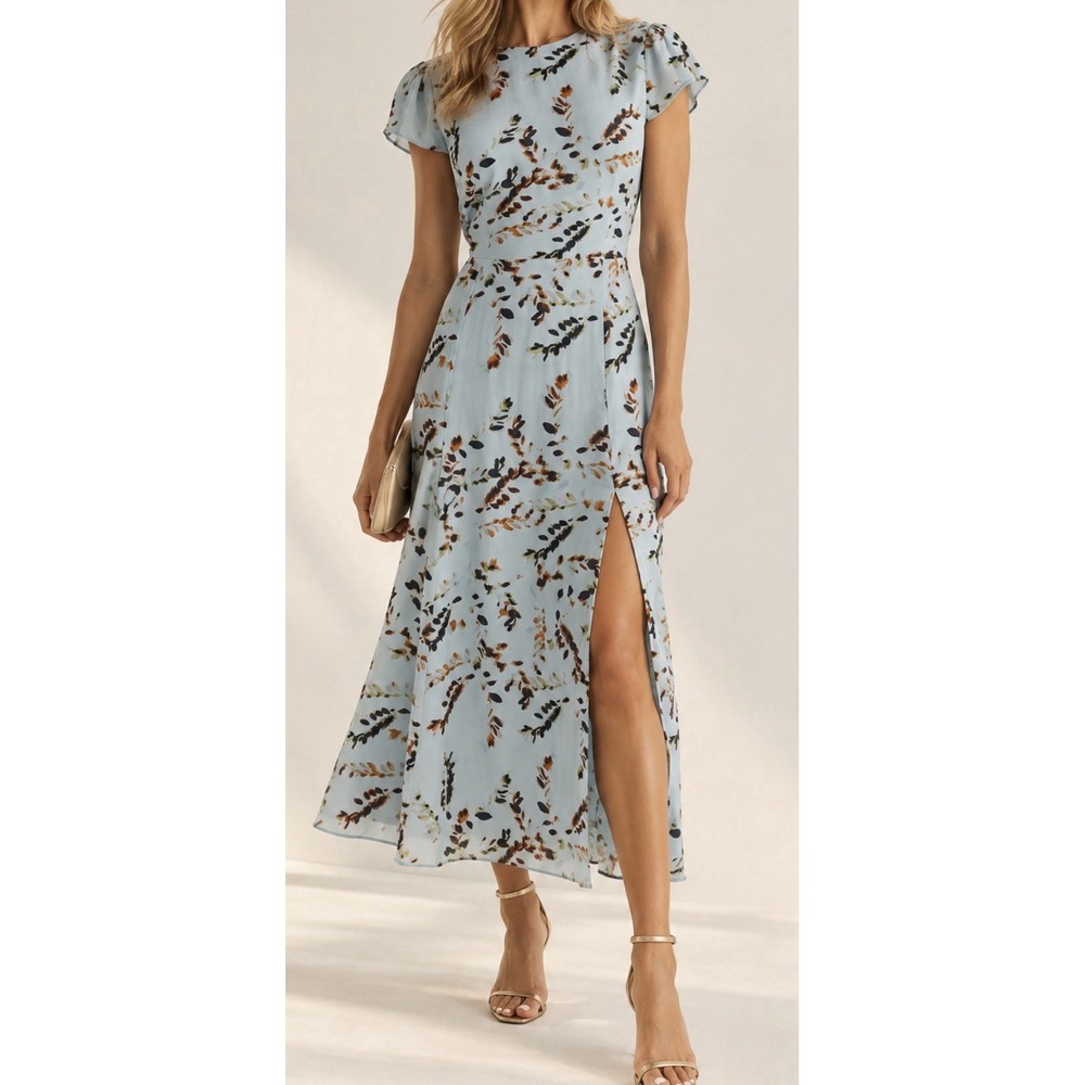 Reiss Livia Blue Floral Watercolor Style Print Cut Out Back Midi Dress US 2 Slit